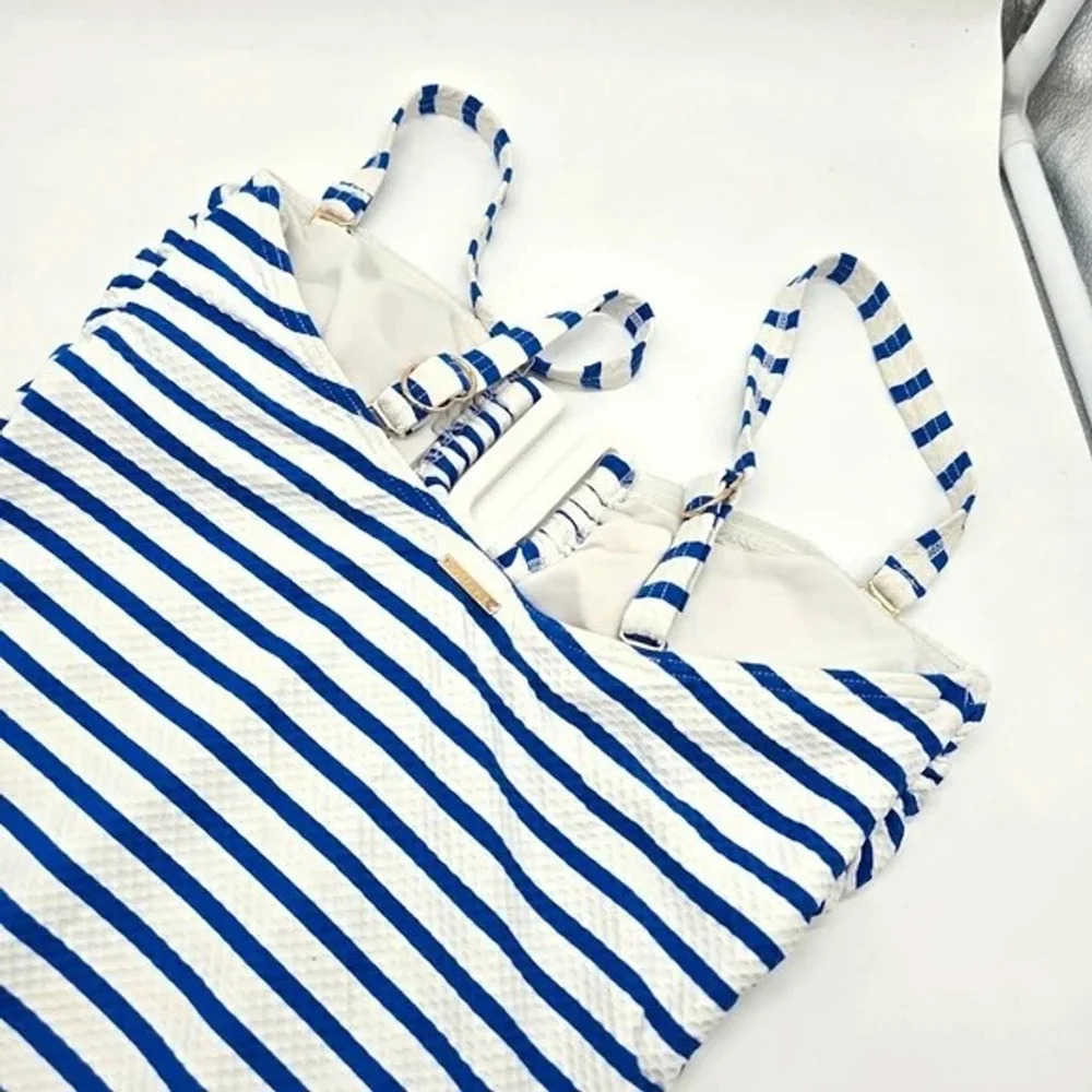 Sea Level Swim One Piece Swimsuit Womens 6 Blue White Stripe U Ring - Picture 8 of 12